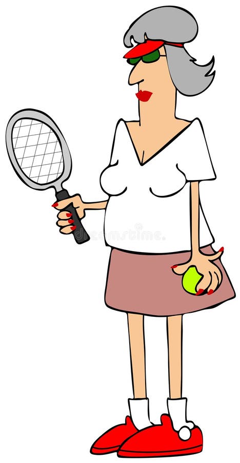 Illustration of a stylish senior woman wearing a tennis outfit and holding a racquet and ball. Illustration of a stylish senior woman wearing a tennis outfit and holding a racquet and ball.